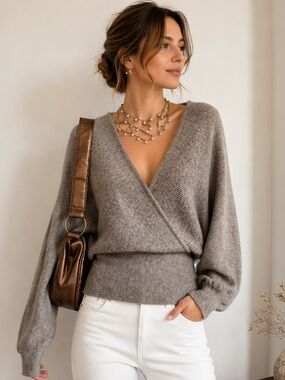 Love Tree Taupe Wrap V-Neck Sweater | Large